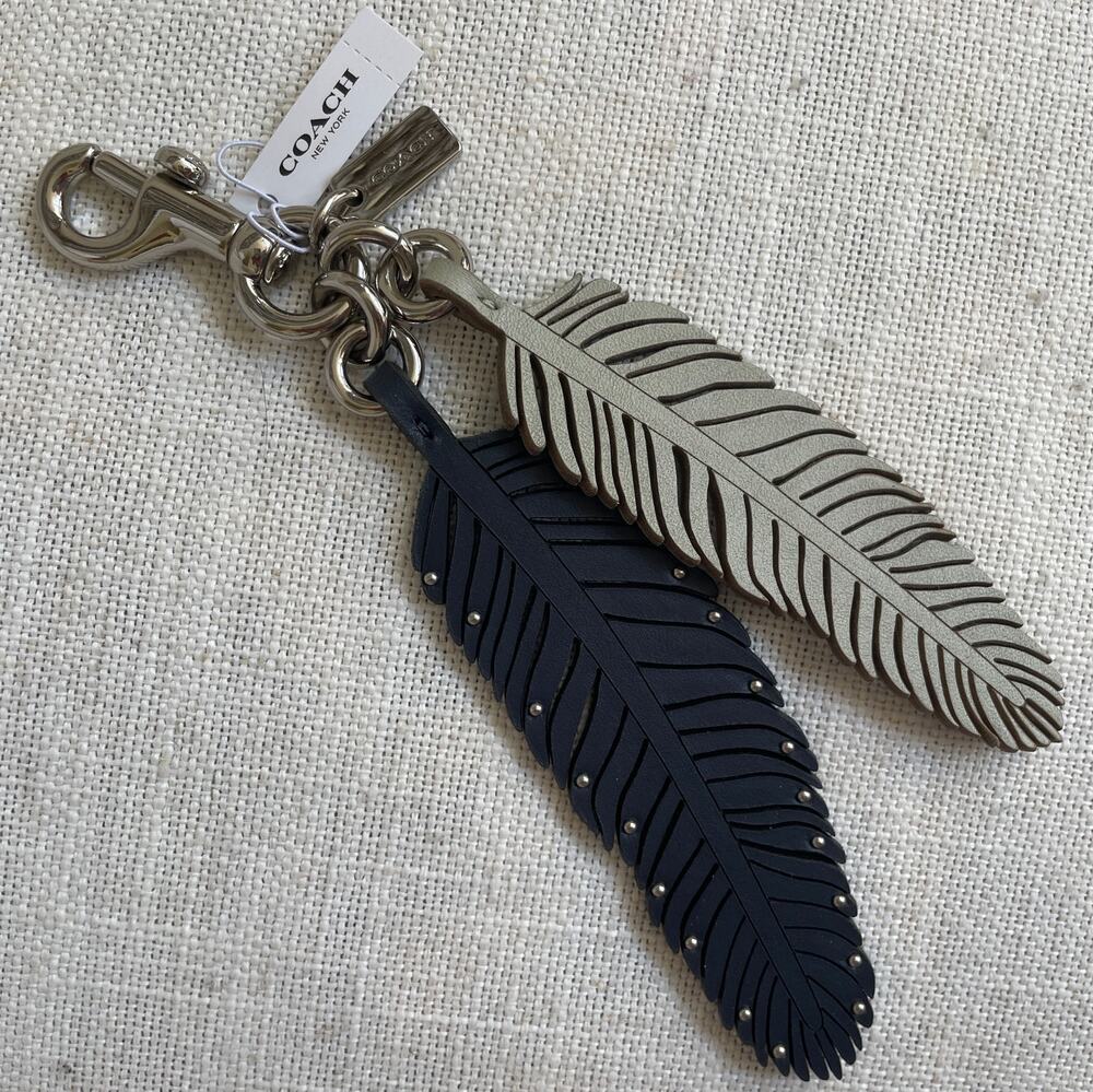 Rare Coach Multi Feather Leather Bag Charm Navy Silver Studded NWT